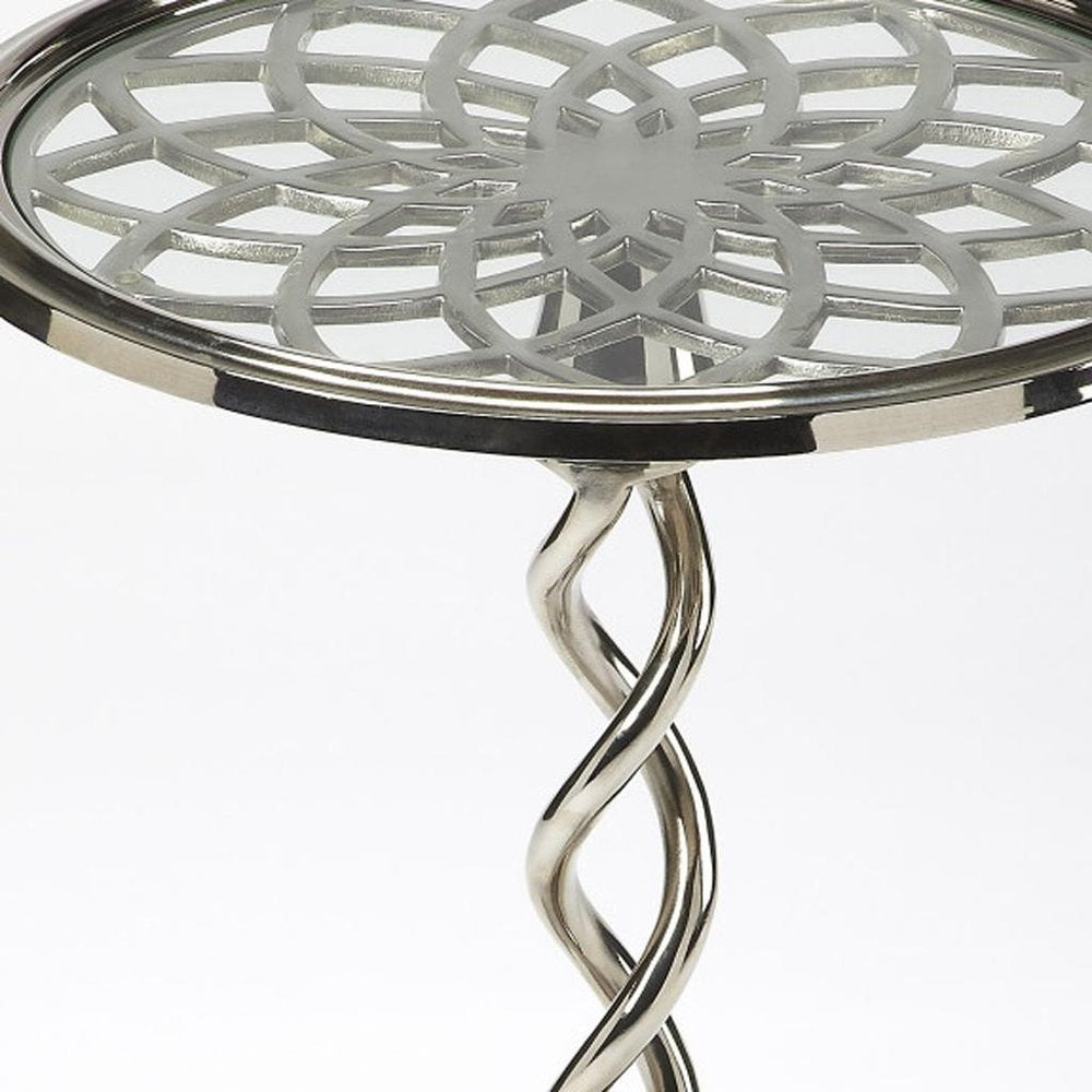 26" Silver Aluminum Open Lattice Round Top End Table