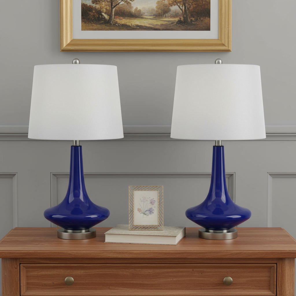 Set Of Two 26" Silver Metal Two Light Bedside Table Lamps With White Globe Shade