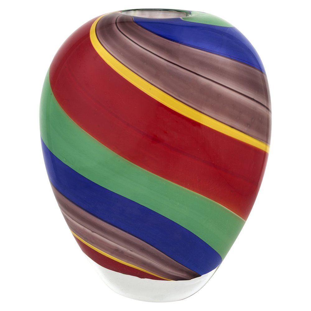 9" Red Blue and Green Striped Murano Style Art Glass Table Vase