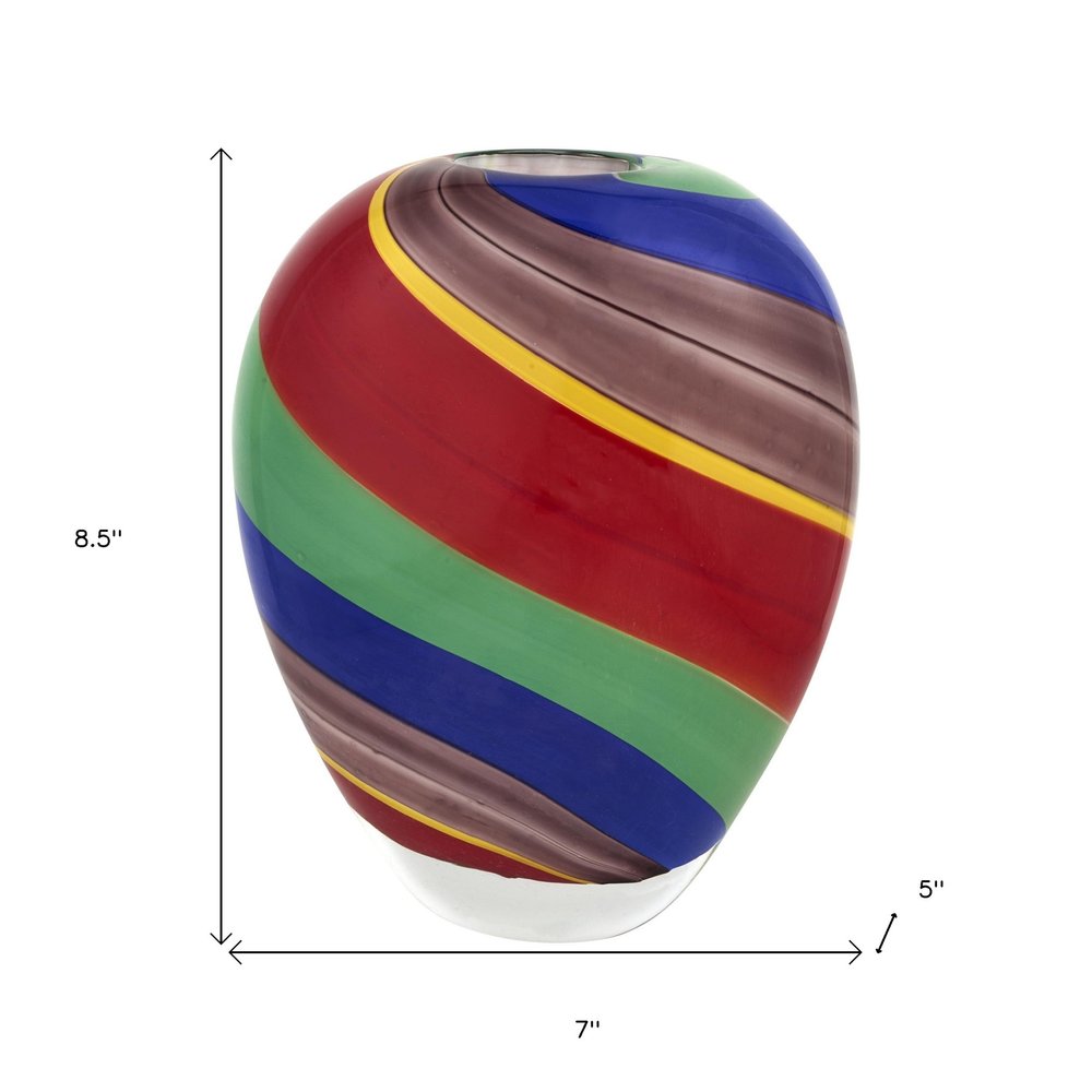 9" Red Blue and Green Striped Murano Style Art Glass Table Vase