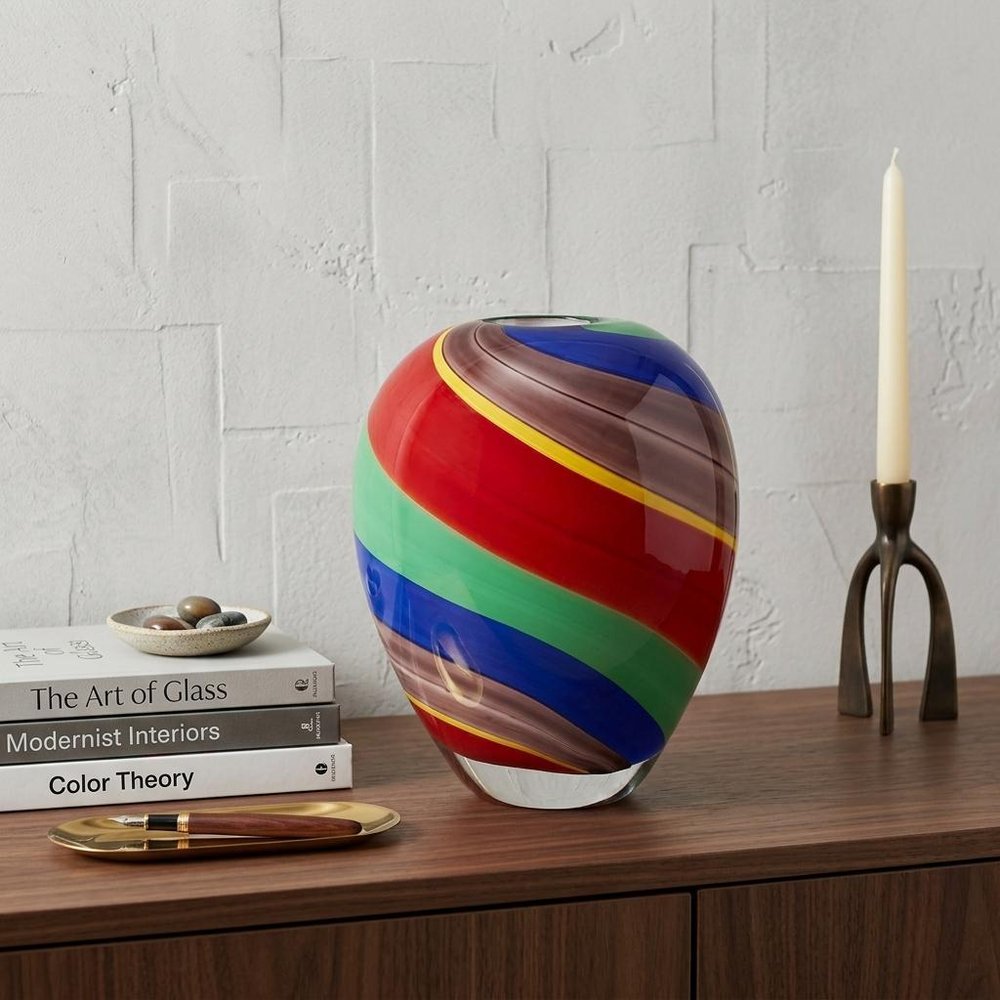 9" Red Blue and Green Striped Murano Style Art Glass Table Vase