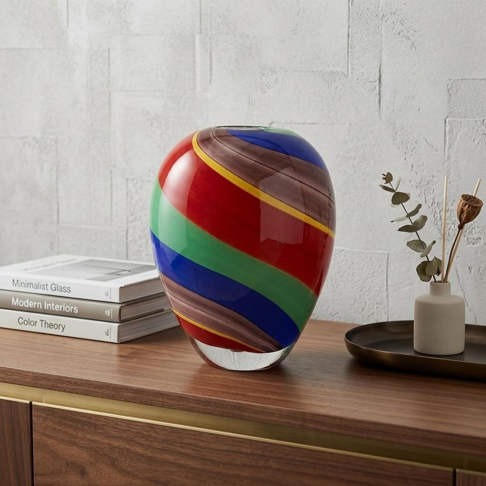 9" Red Blue and Green Striped Murano Style Art Glass Table Vase