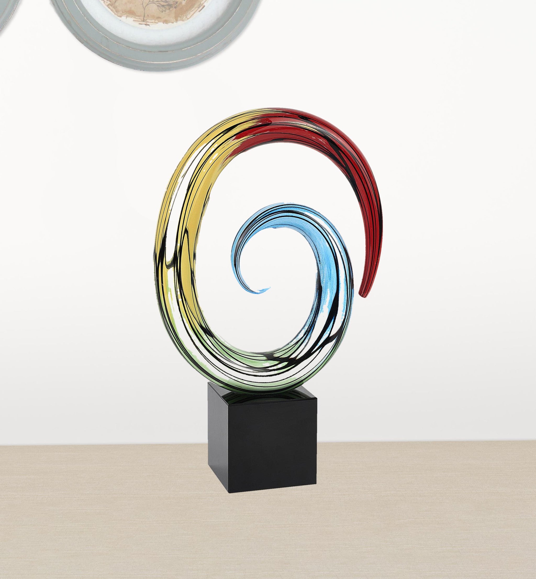 10" Blue and Red Murano Glass Hand Painted Modern Abstract Tabletop Sculpture