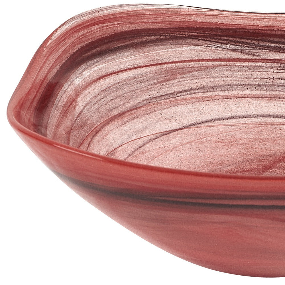 10" Red And White Alabaster Glass Square Salad Bowl