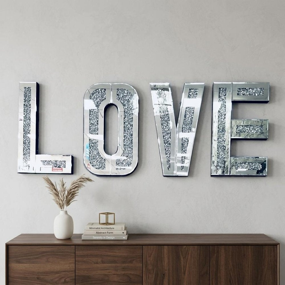 Silver Mirrored Mosaic Crystal Bling LOVE Wall Decor