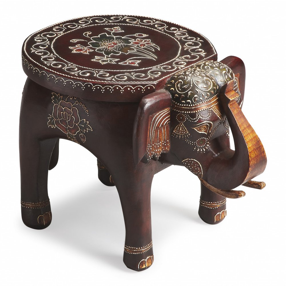 15" Brown Hand Painted Floral Three Dimensional Elephant End Table