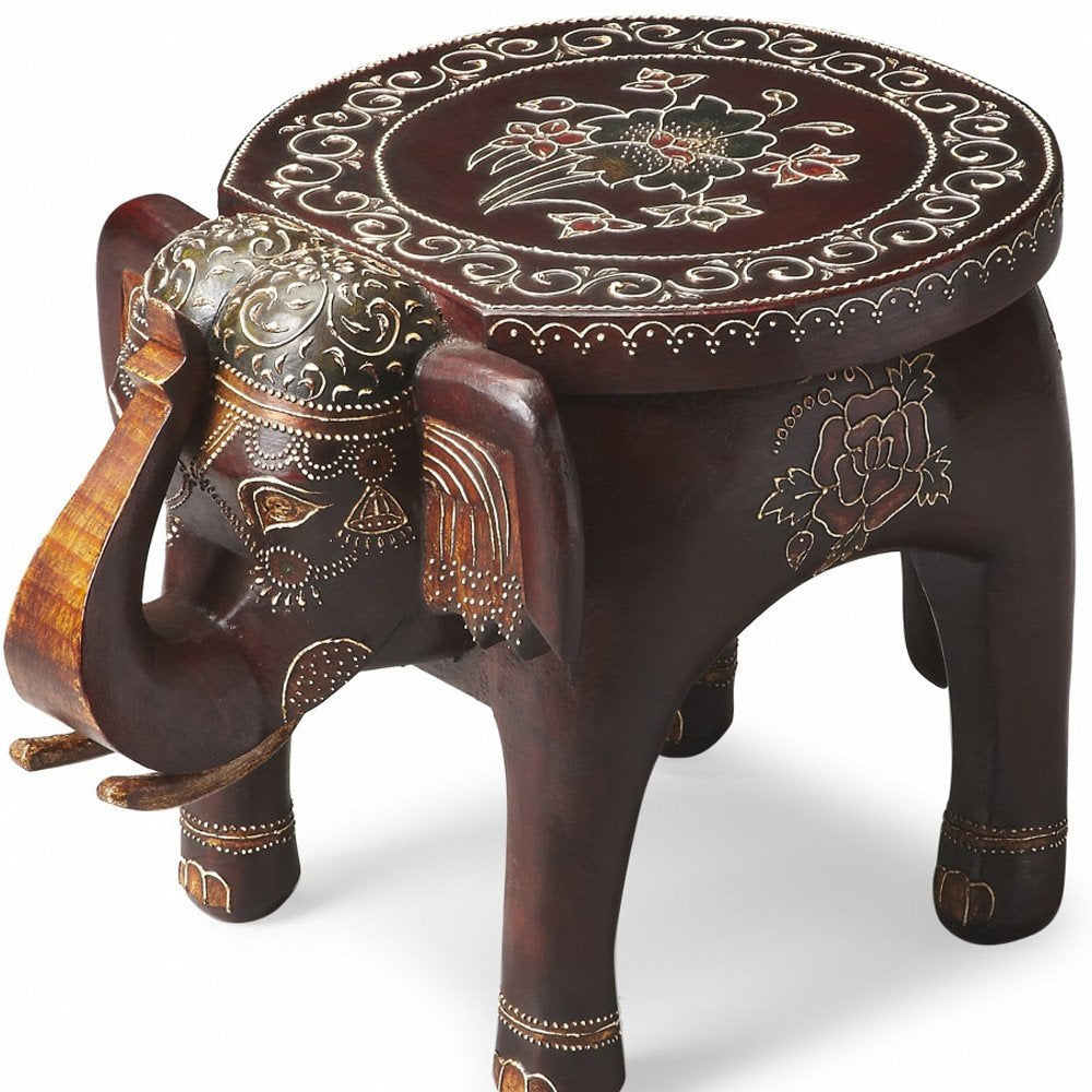 15" Brown Hand Painted Floral Three Dimensional Elephant End Table