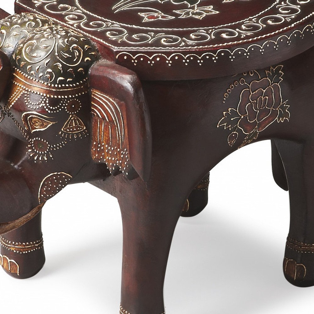 15" Brown Hand Painted Floral Three Dimensional Elephant End Table