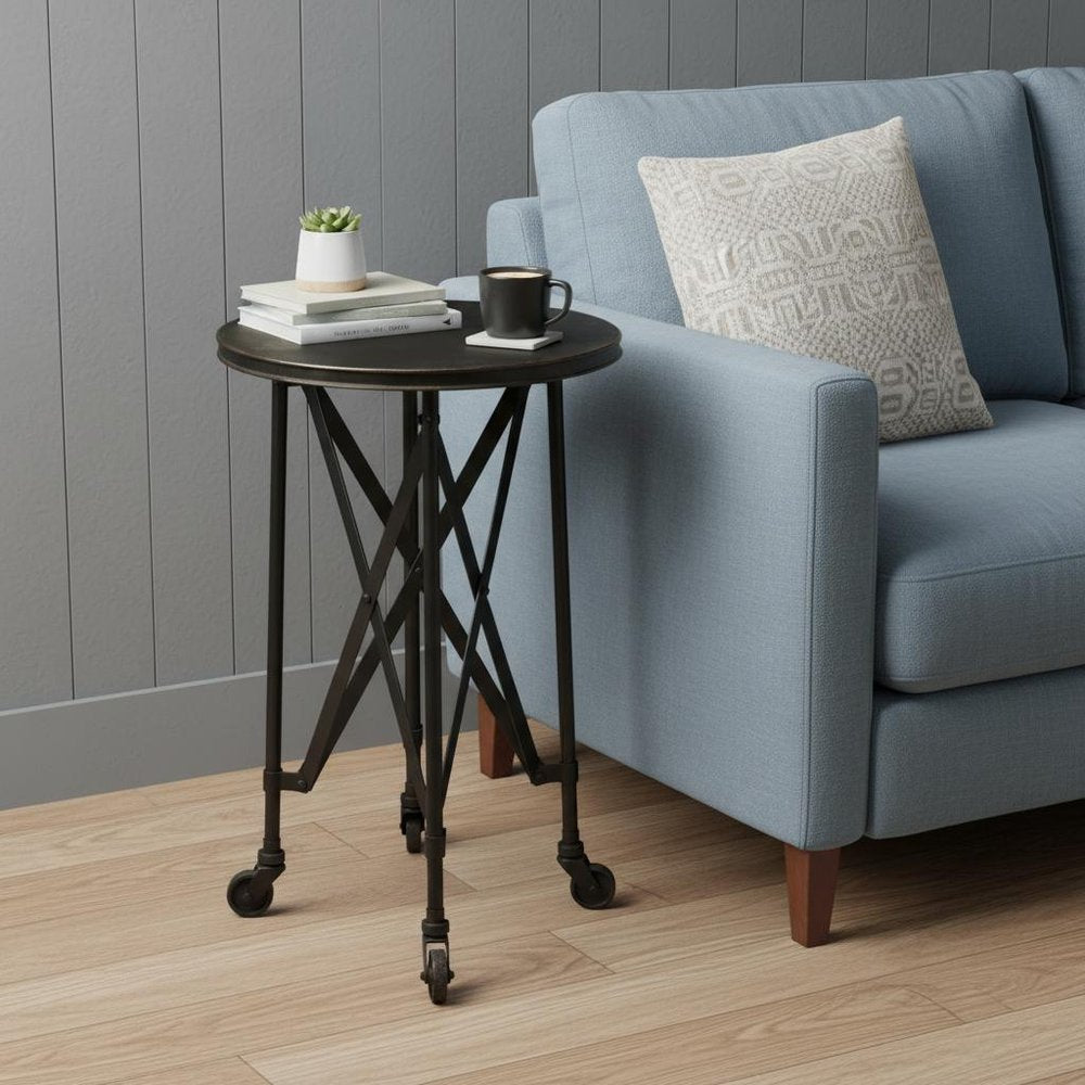 23" Black Industrial Rolling Round End Table