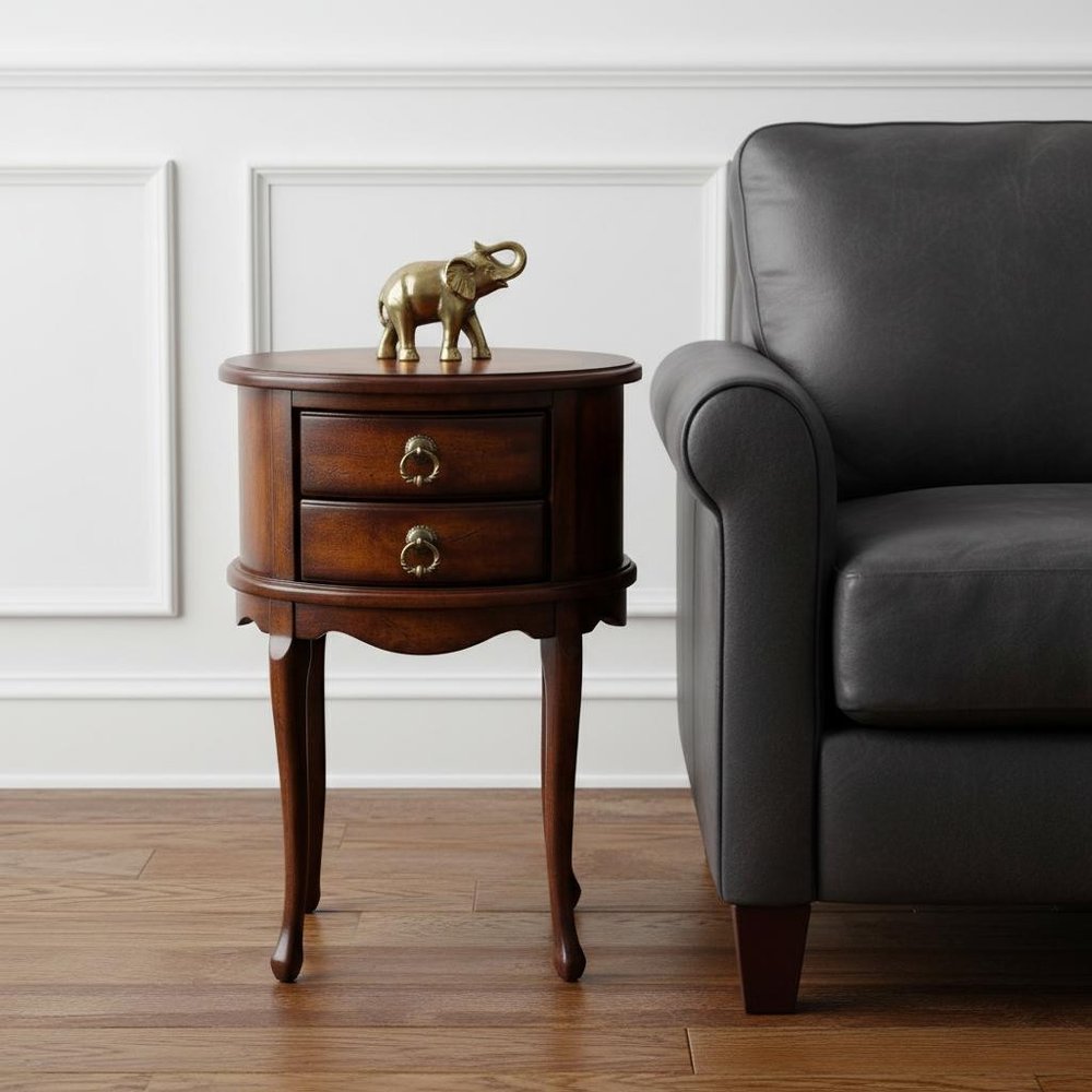 26" Dark Brown And Cherry Manufactured Wood Oval End Table With Two Drawers