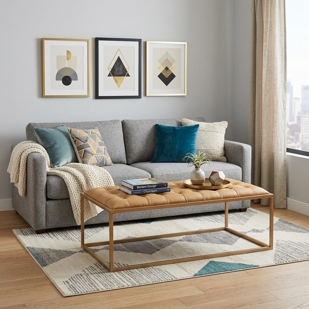 48" Gold And Brown Leather Rectangular Coffee Table
