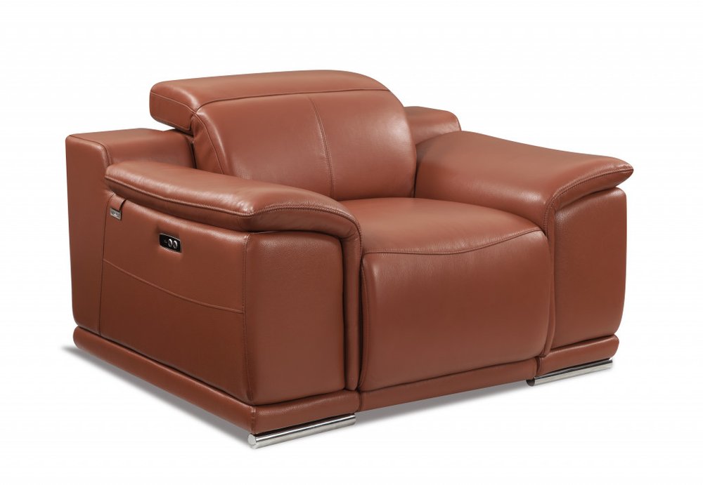 48" Camel And Silver Italian Leather Arm Chair