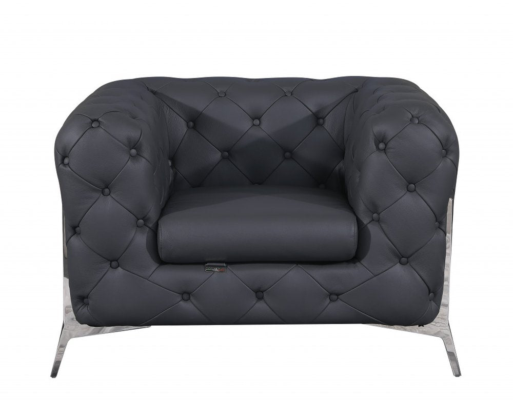 45" Black And Silver Italian Leather Tufted Chesterfield Chair