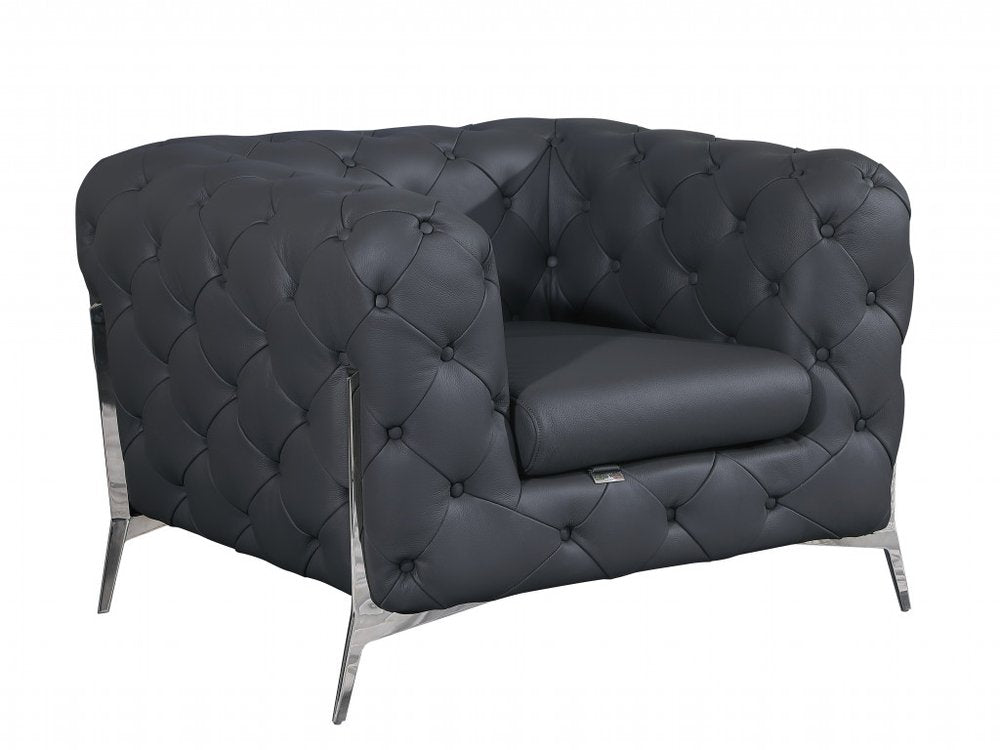 45" Black And Silver Italian Leather Tufted Chesterfield Chair