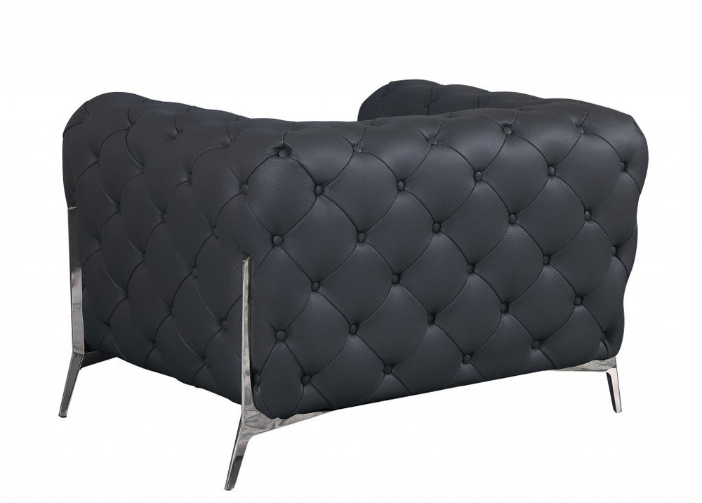 45" Black And Silver Italian Leather Tufted Chesterfield Chair