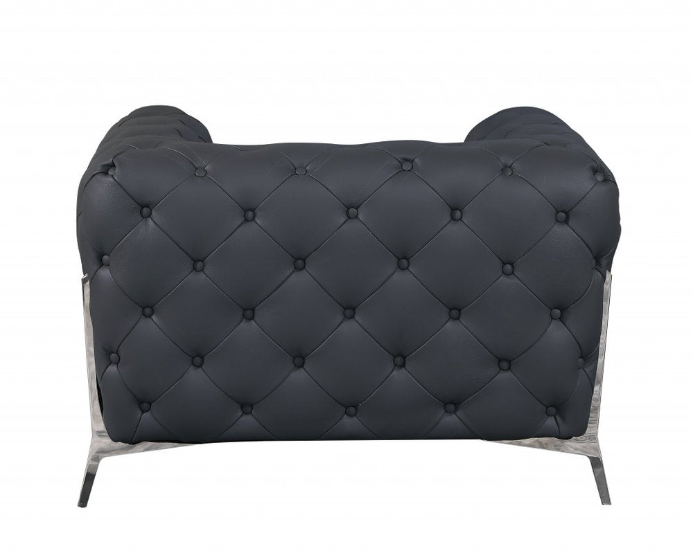 45" Black And Silver Italian Leather Tufted Chesterfield Chair