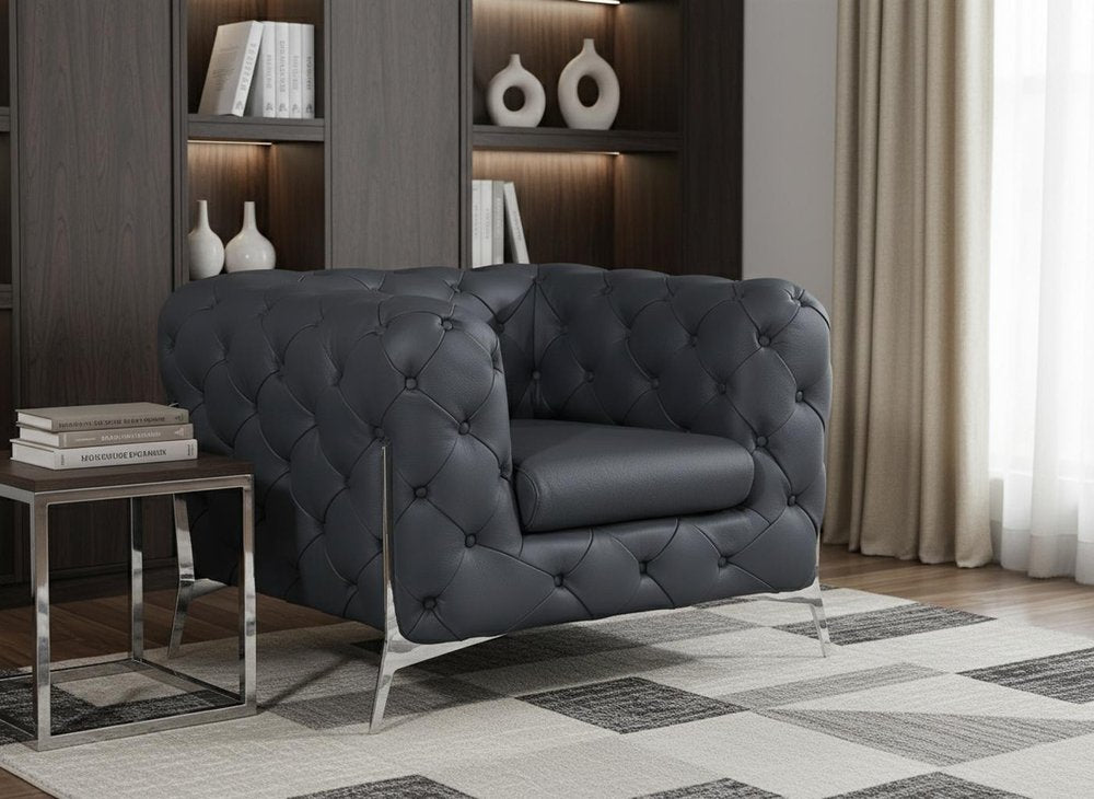 45" Black And Silver Italian Leather Tufted Chesterfield Chair