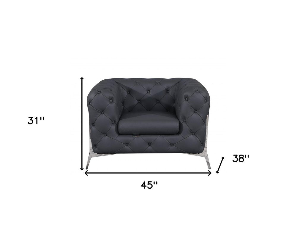 45" Black And Silver Italian Leather Tufted Chesterfield Chair