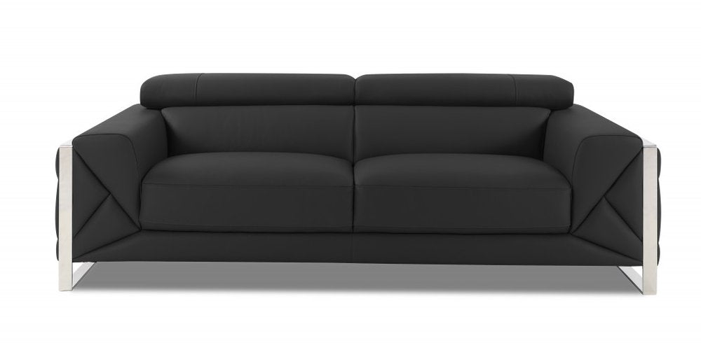89" Black Italian Leather Sofa With Silver Legs