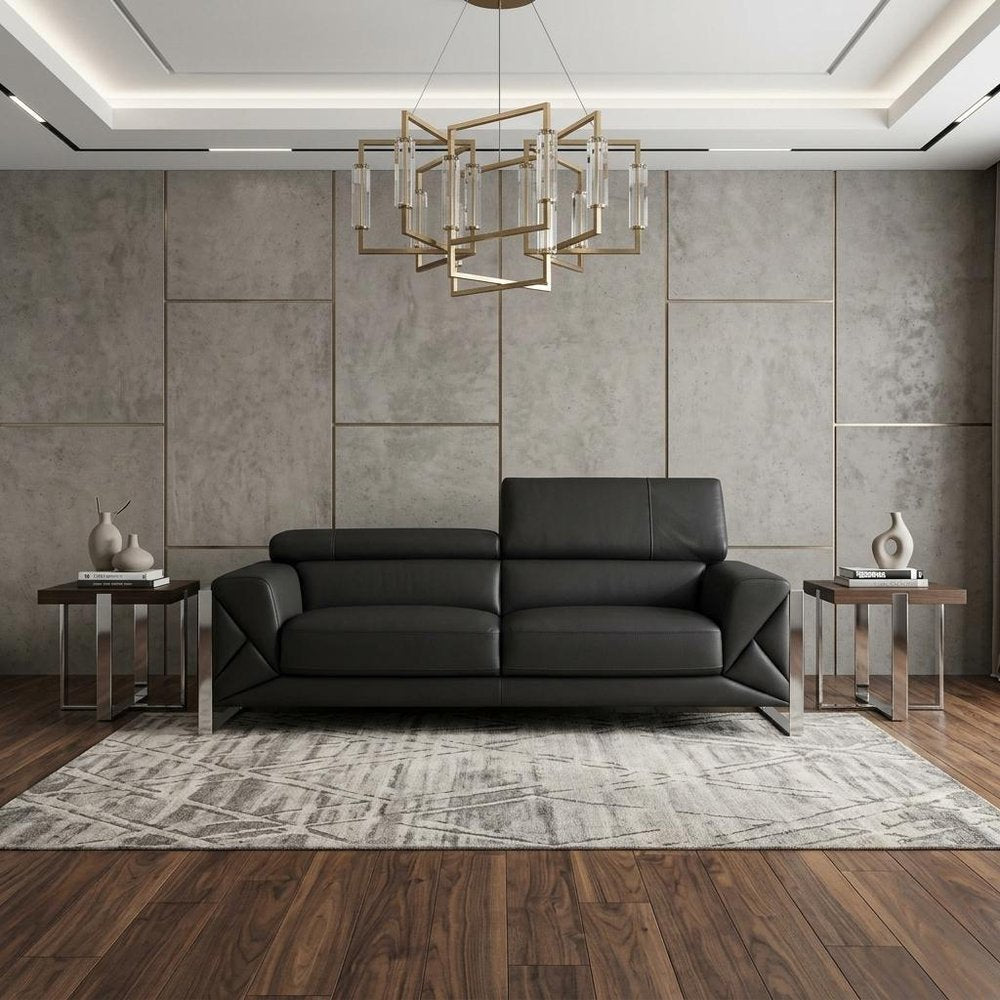 89" Black Italian Leather Sofa With Silver Legs