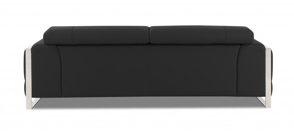 89" Black Italian Leather Sofa With Silver Legs