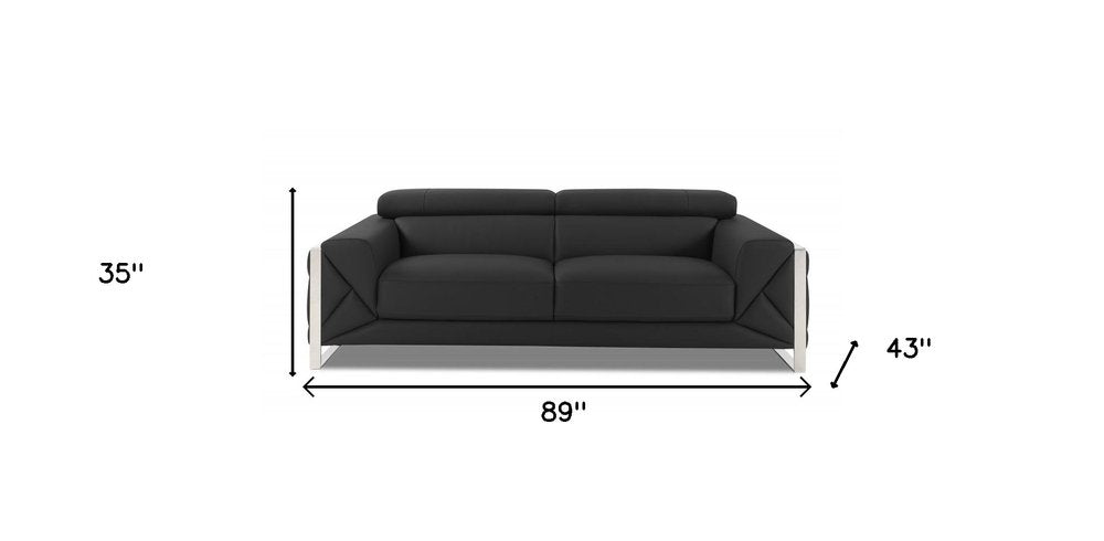89" Black Italian Leather Sofa With Silver Legs