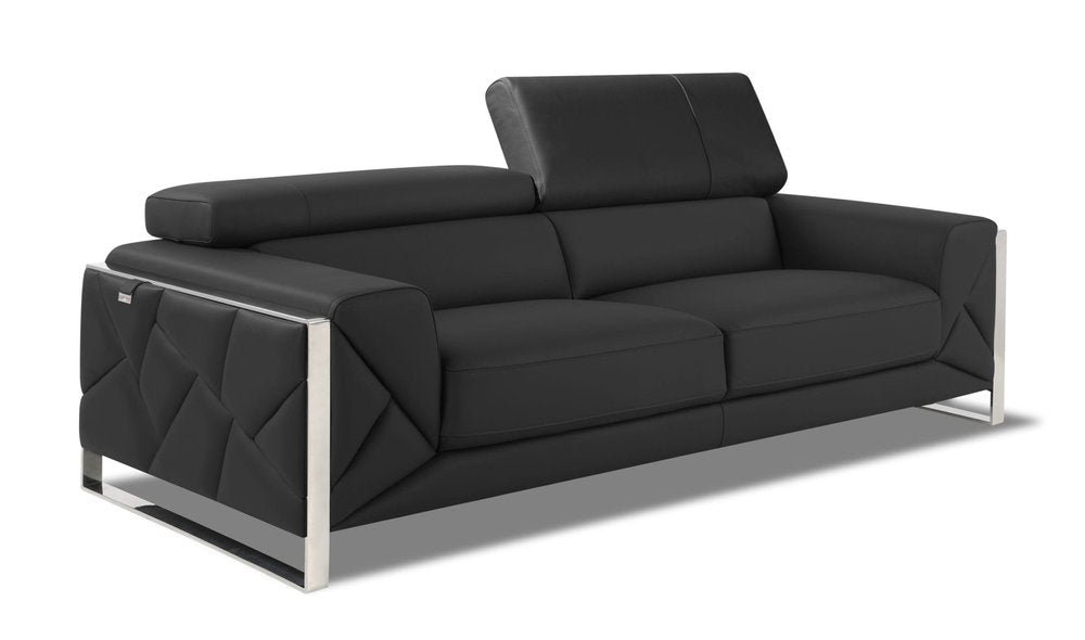 89" Black Italian Leather Sofa With Silver Legs