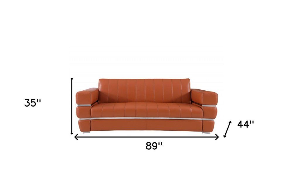 89" White Italian Leather Sofa With Silver Legs