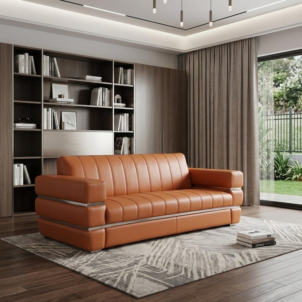 89" White Italian Leather Sofa With Silver Legs