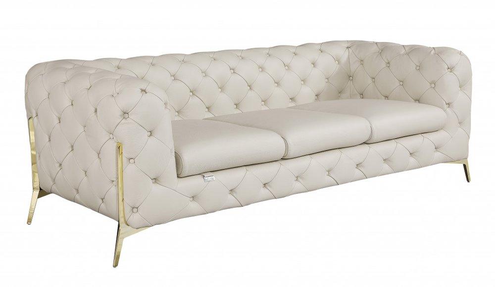 93" Brown Italian Leather Chesterfield Sofa With Silver Legs
