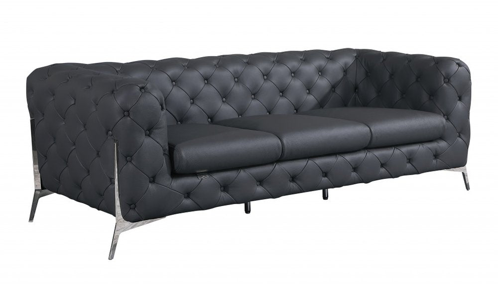 93" Brown Italian Leather Chesterfield Sofa With Silver Legs