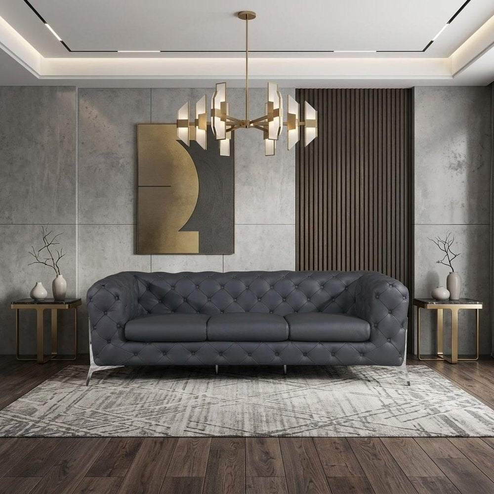 93" Brown Italian Leather Chesterfield Sofa With Silver Legs