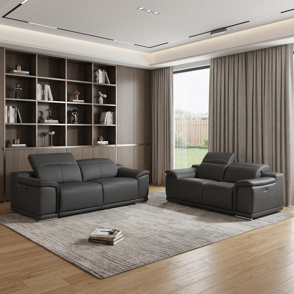 Two Piece Indoor Dark Gray Italian Leather Five Person Seating Set