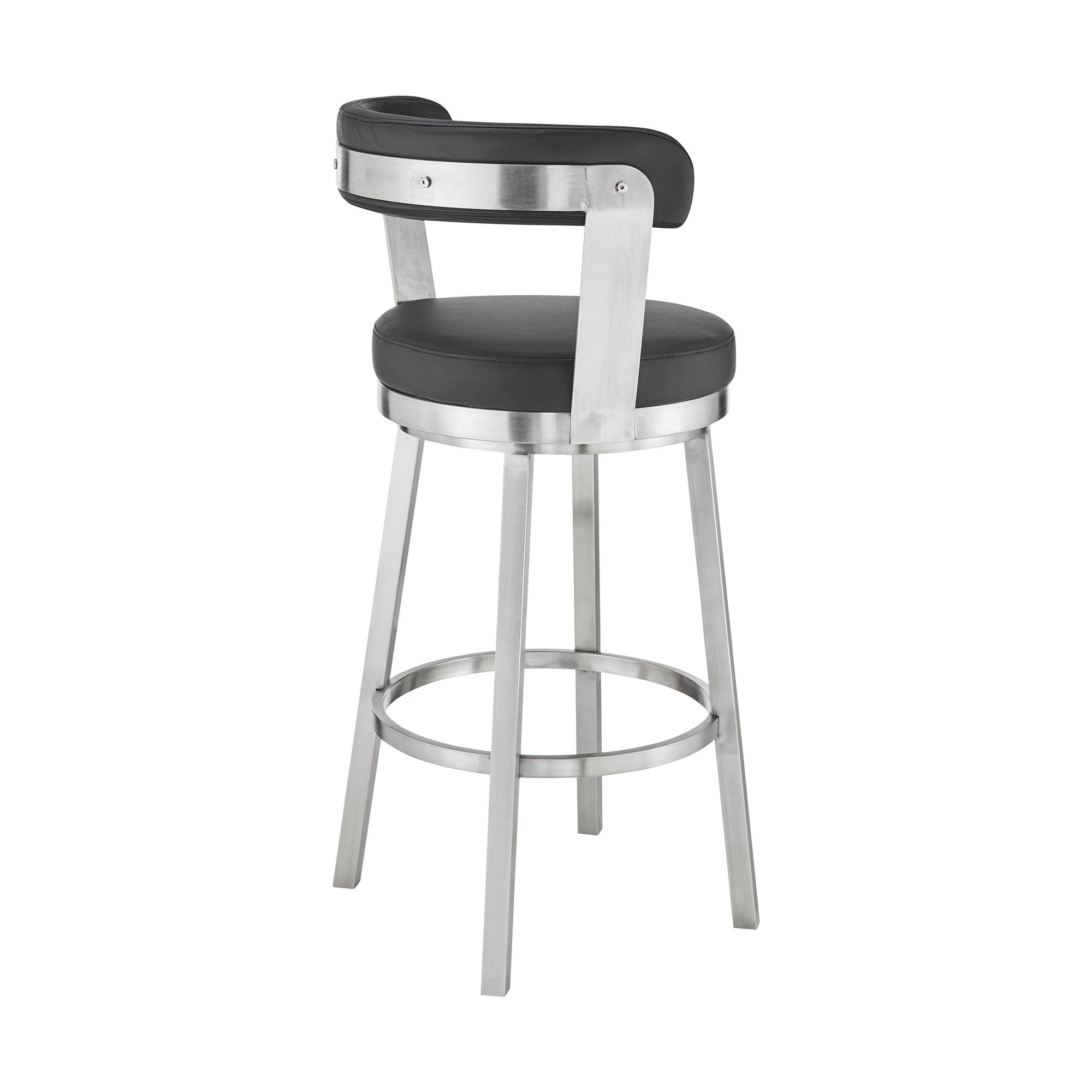 30" Black And Silver Fabric And Iron Backless Bar Height Swivel Bar Chair