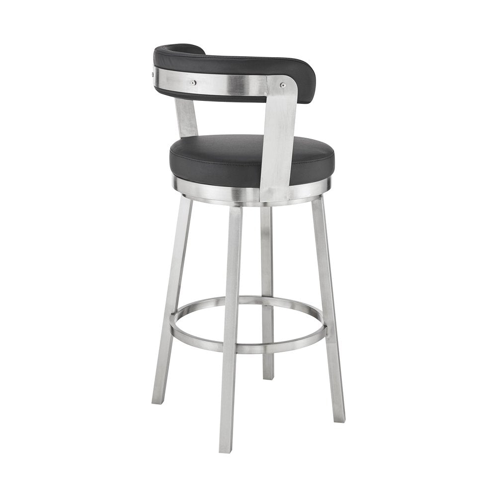 30" Black And Silver Fabric And Iron Backless Bar Height Swivel Bar Chair