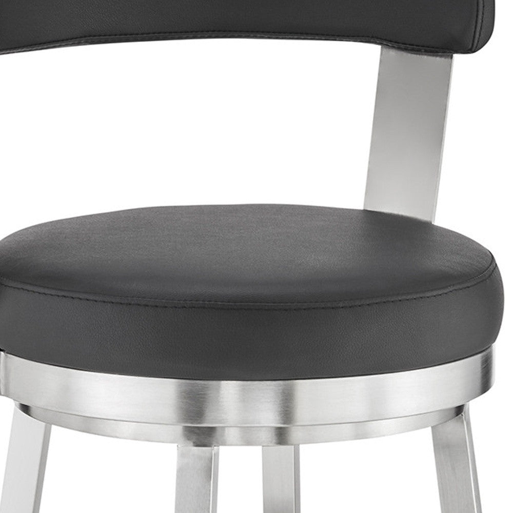 30" Black And Silver Fabric And Iron Backless Bar Height Swivel Bar Chair