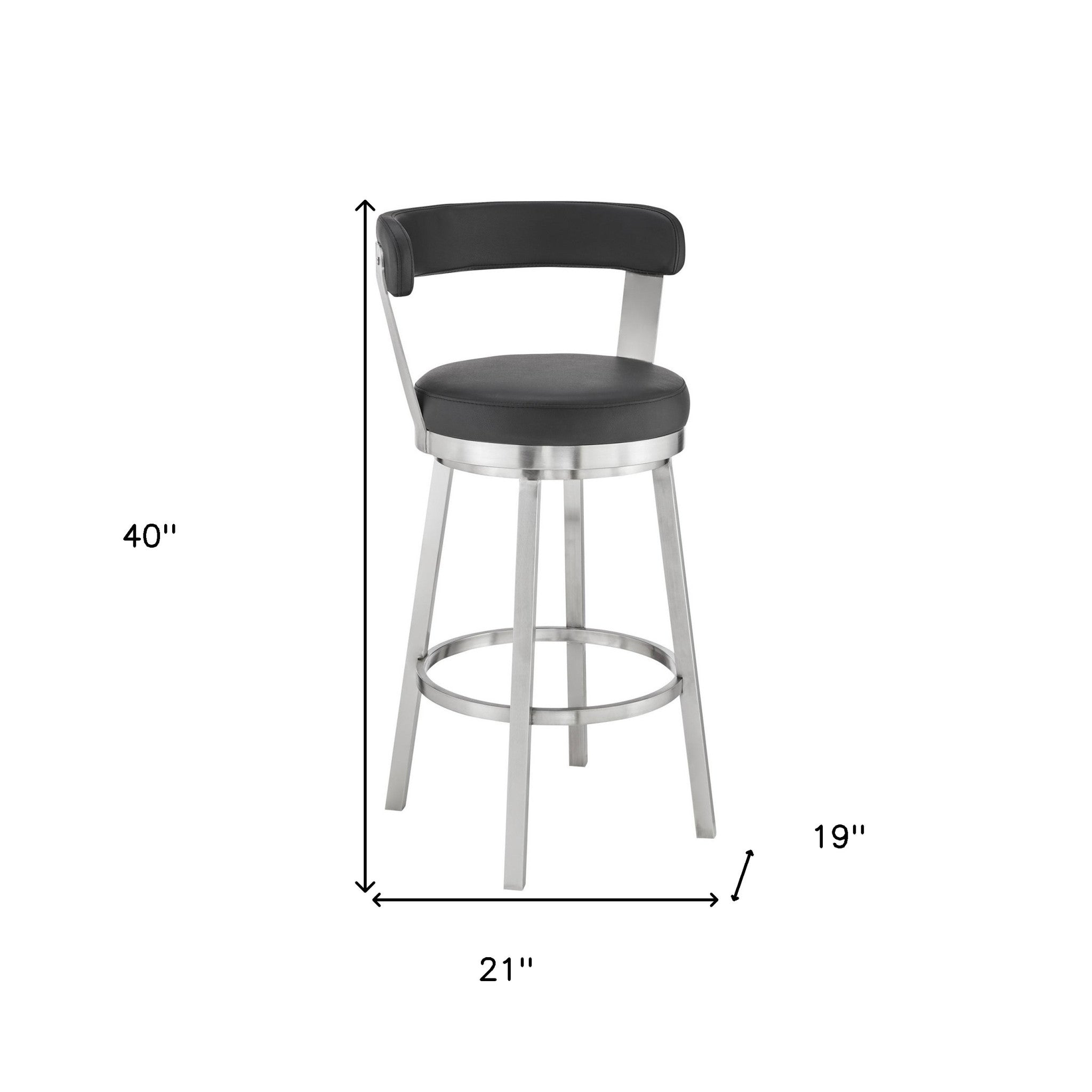 30" Black And Silver Fabric And Iron Backless Bar Height Swivel Bar Chair