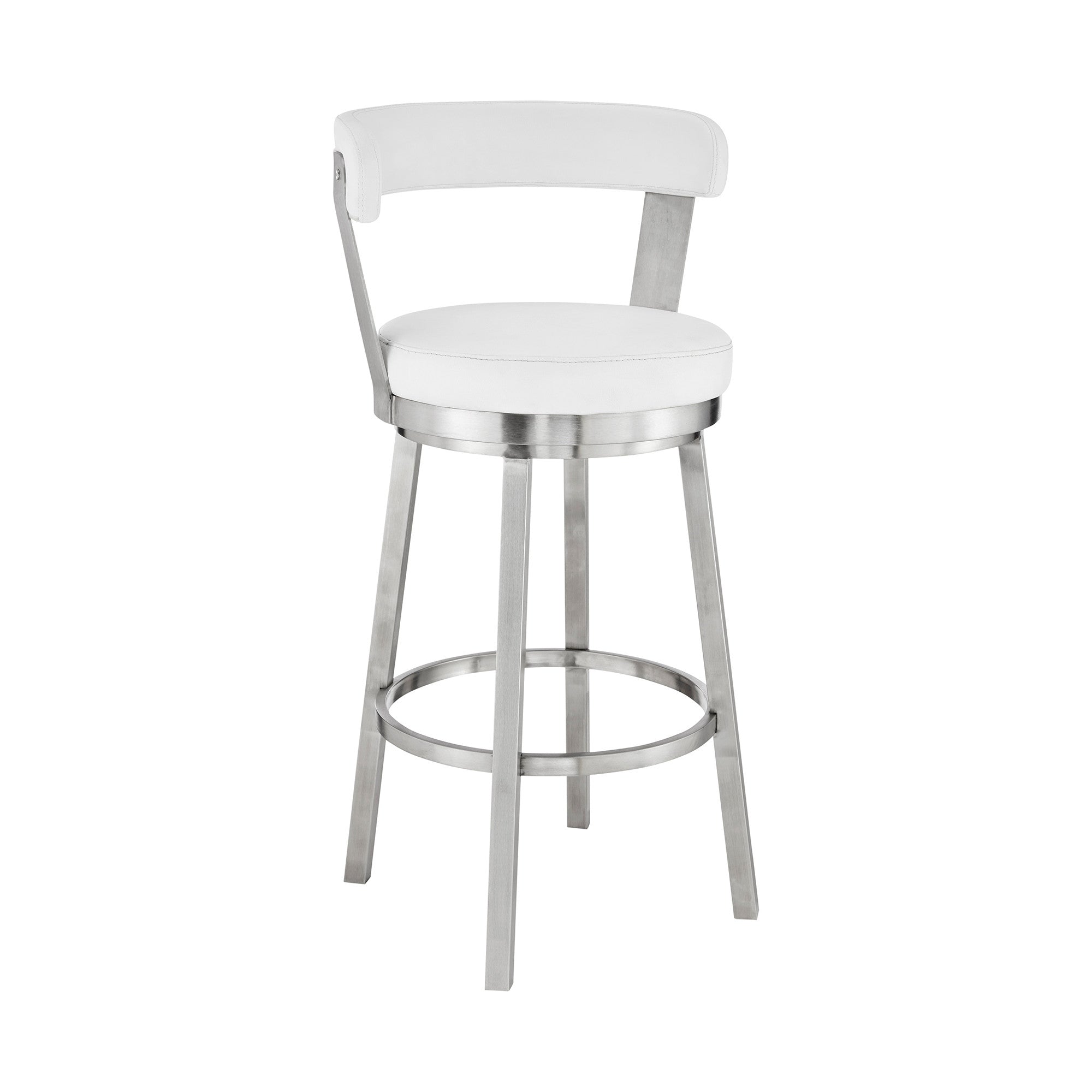 26" White And Silver Fabric And Iron Backless Counter Height Swivel Bar Chair