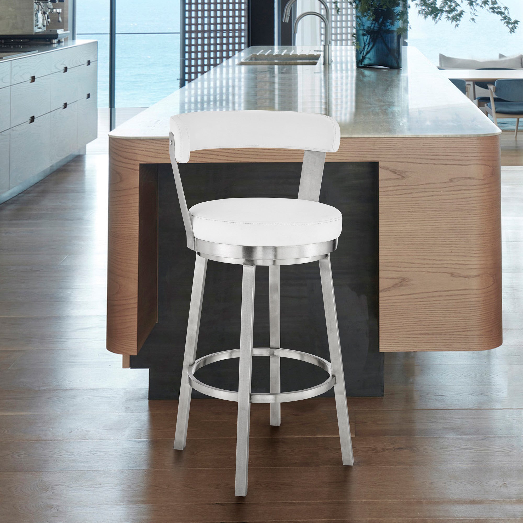 26" White And Silver Fabric And Iron Backless Counter Height Swivel Bar Chair