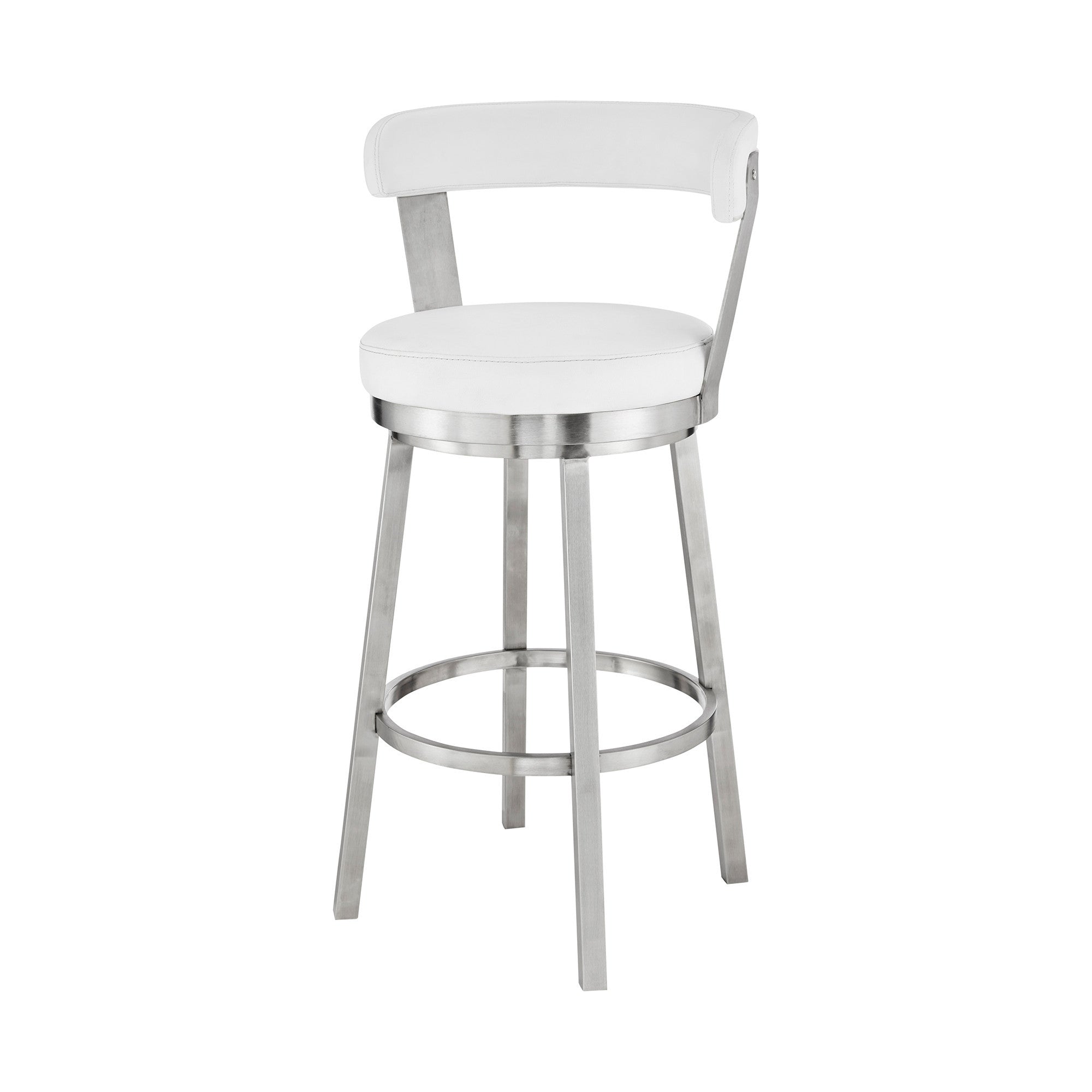 26" White And Silver Fabric And Iron Backless Counter Height Swivel Bar Chair