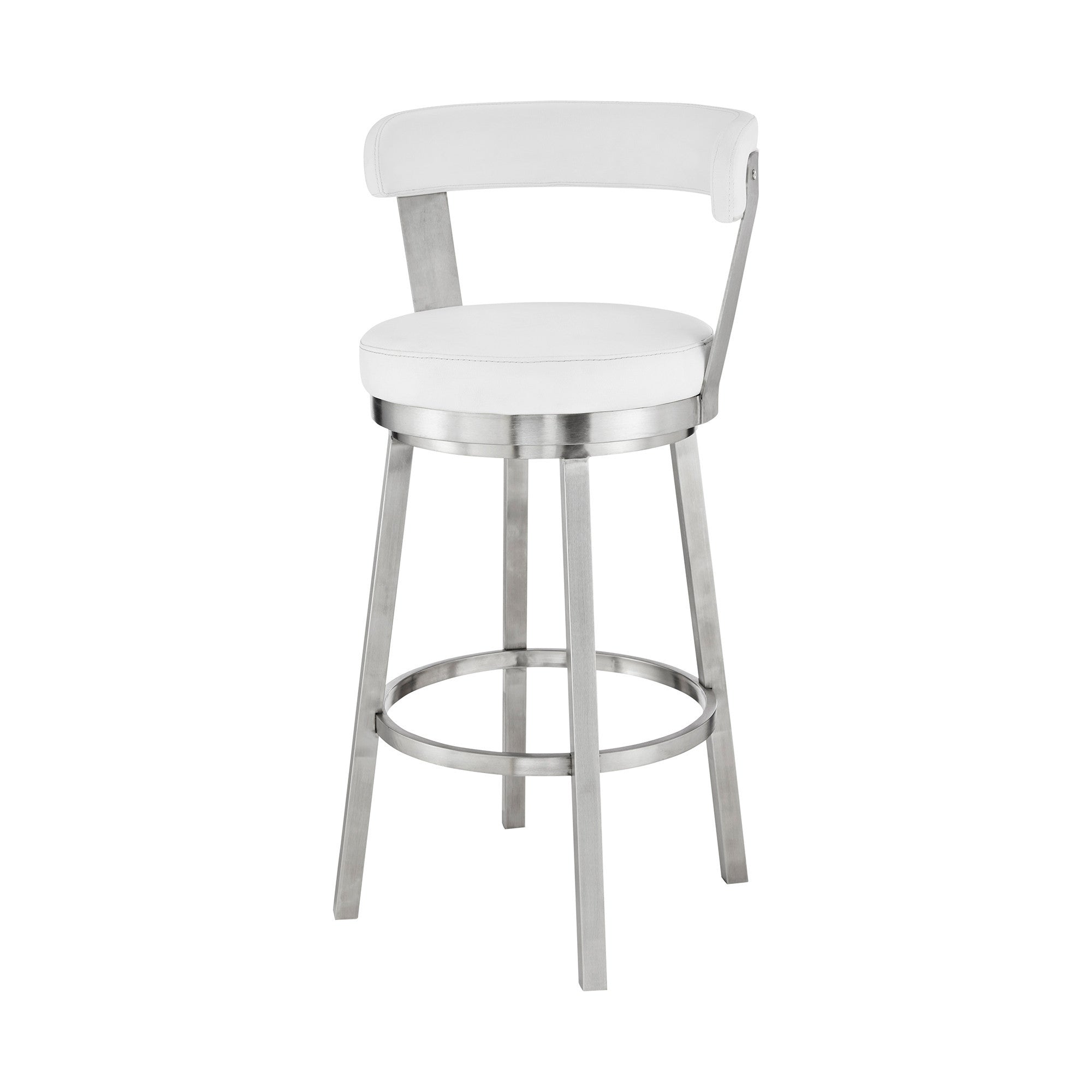 30" White And Silver Fabric And Iron Backless Bar Height Swivel Bar Chair