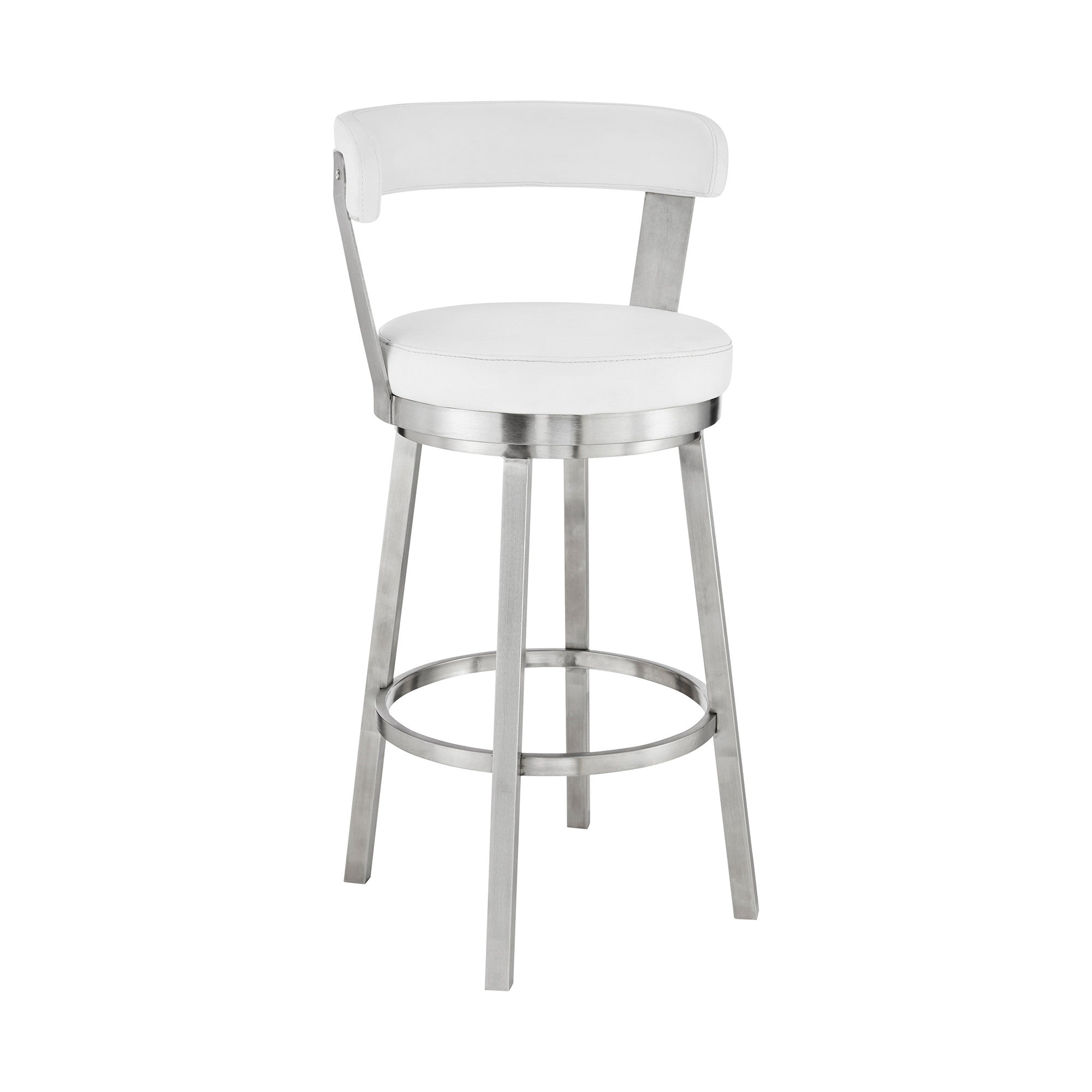 30" White And Silver Fabric And Iron Backless Bar Height Swivel Bar Chair