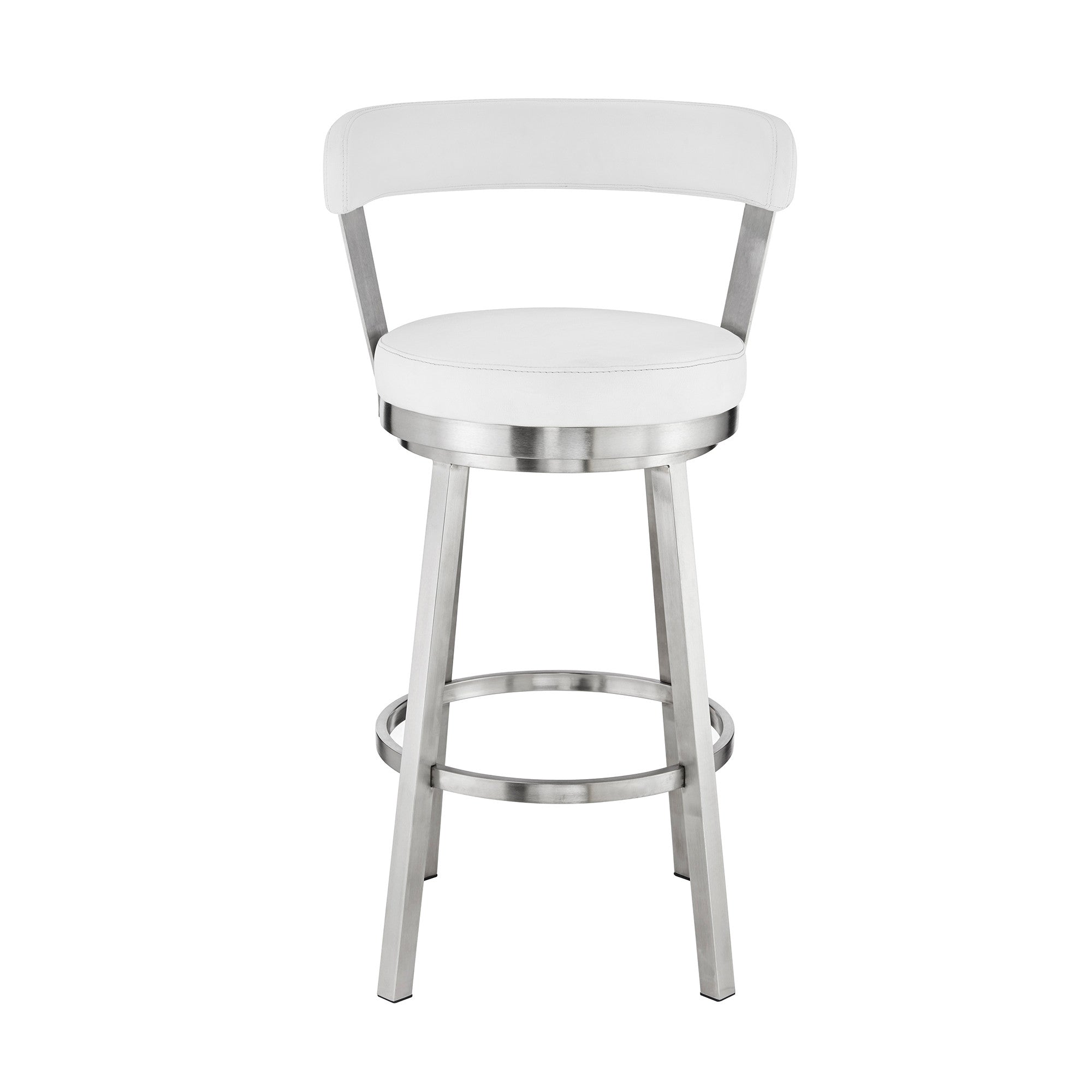 30" White And Silver Fabric And Iron Backless Bar Height Swivel Bar Chair