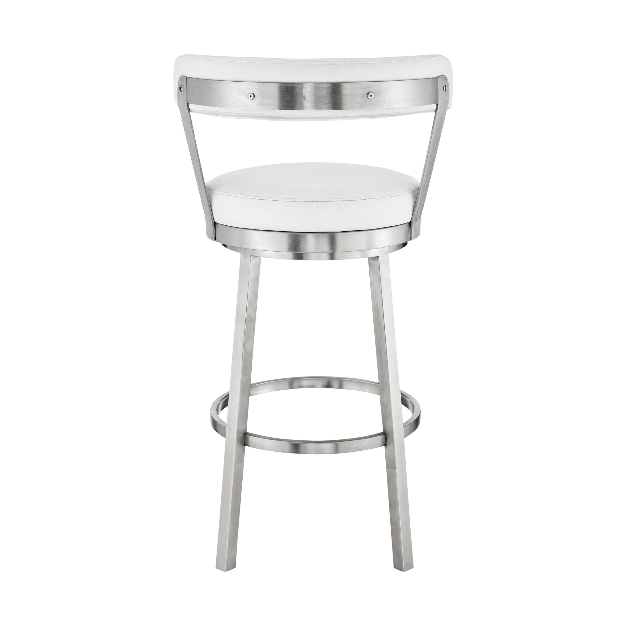 30" White And Silver Fabric And Iron Backless Bar Height Swivel Bar Chair