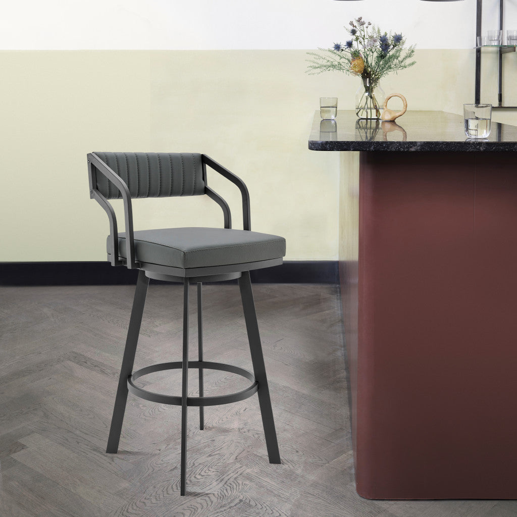 26" Gray And Black Fabric And Iron Low Back Counter Height Swivel Bar Chair