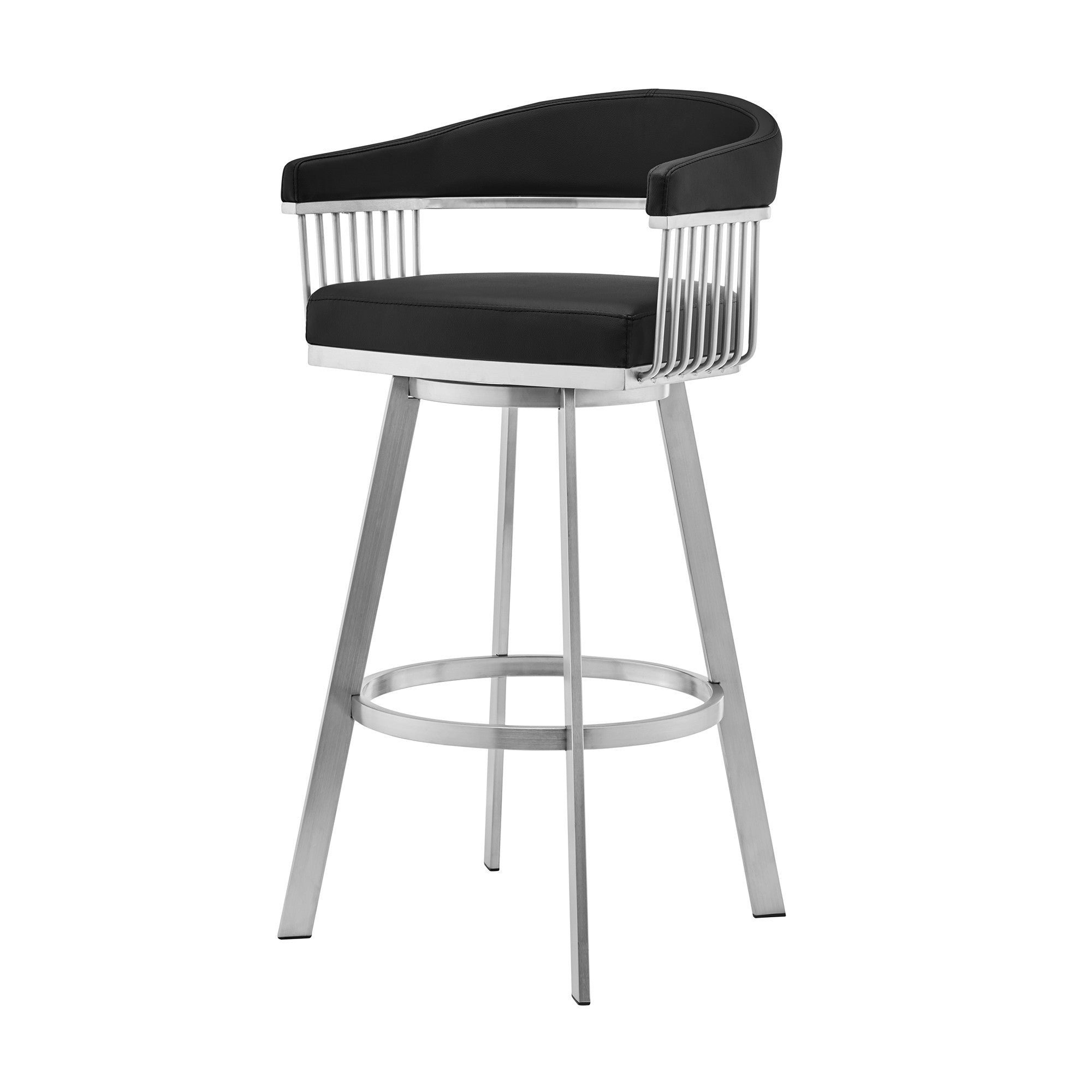 29" Black And Silver Fabric And Iron Backless Bar Height Swivel Bar Chair