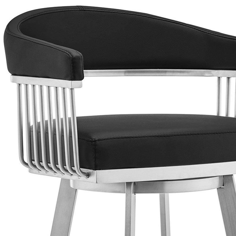 29" Black And Silver Fabric And Iron Backless Bar Height Swivel Bar Chair