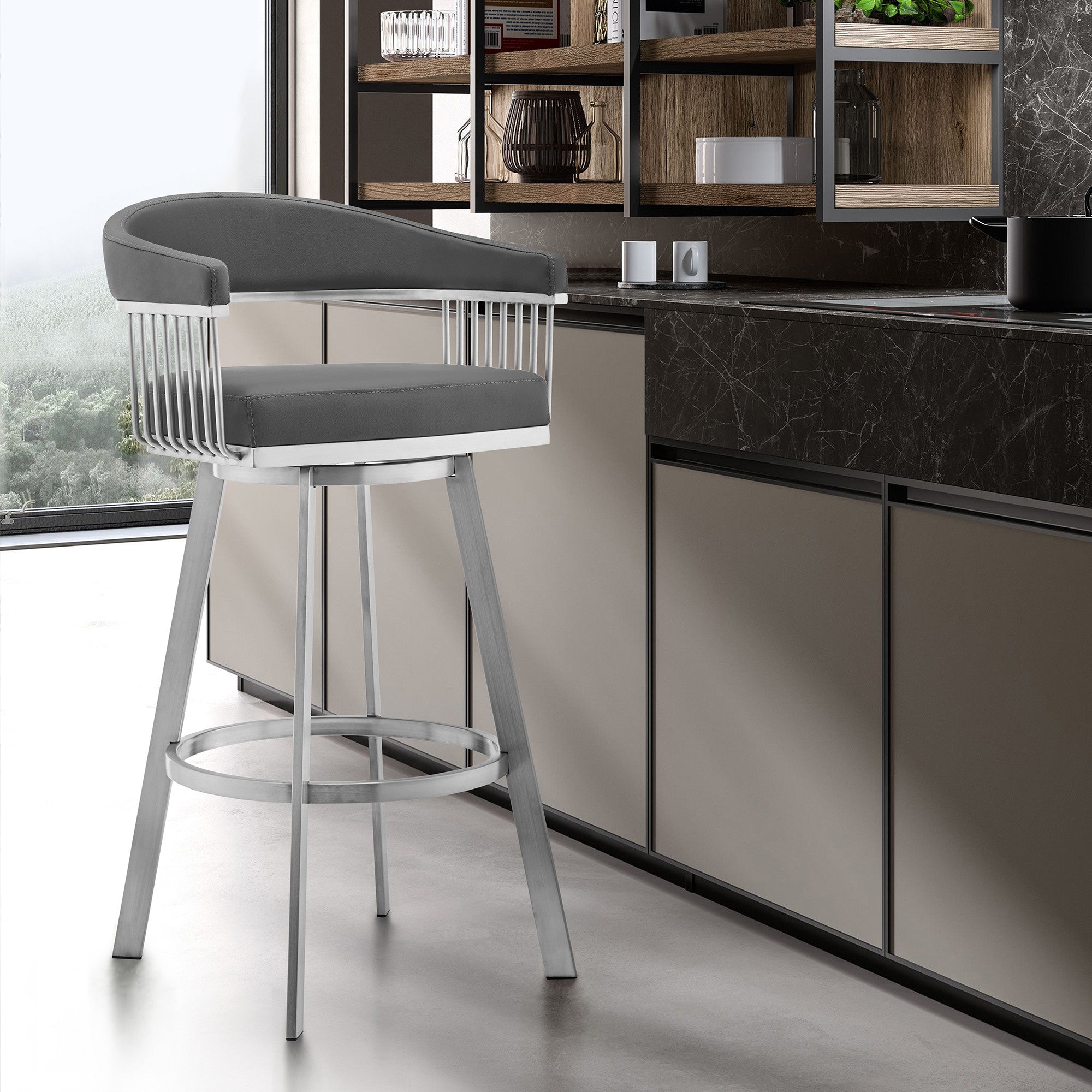 25" Gray And Silver Fabric And Iron Backless Counter Height Swivel Bar Chair