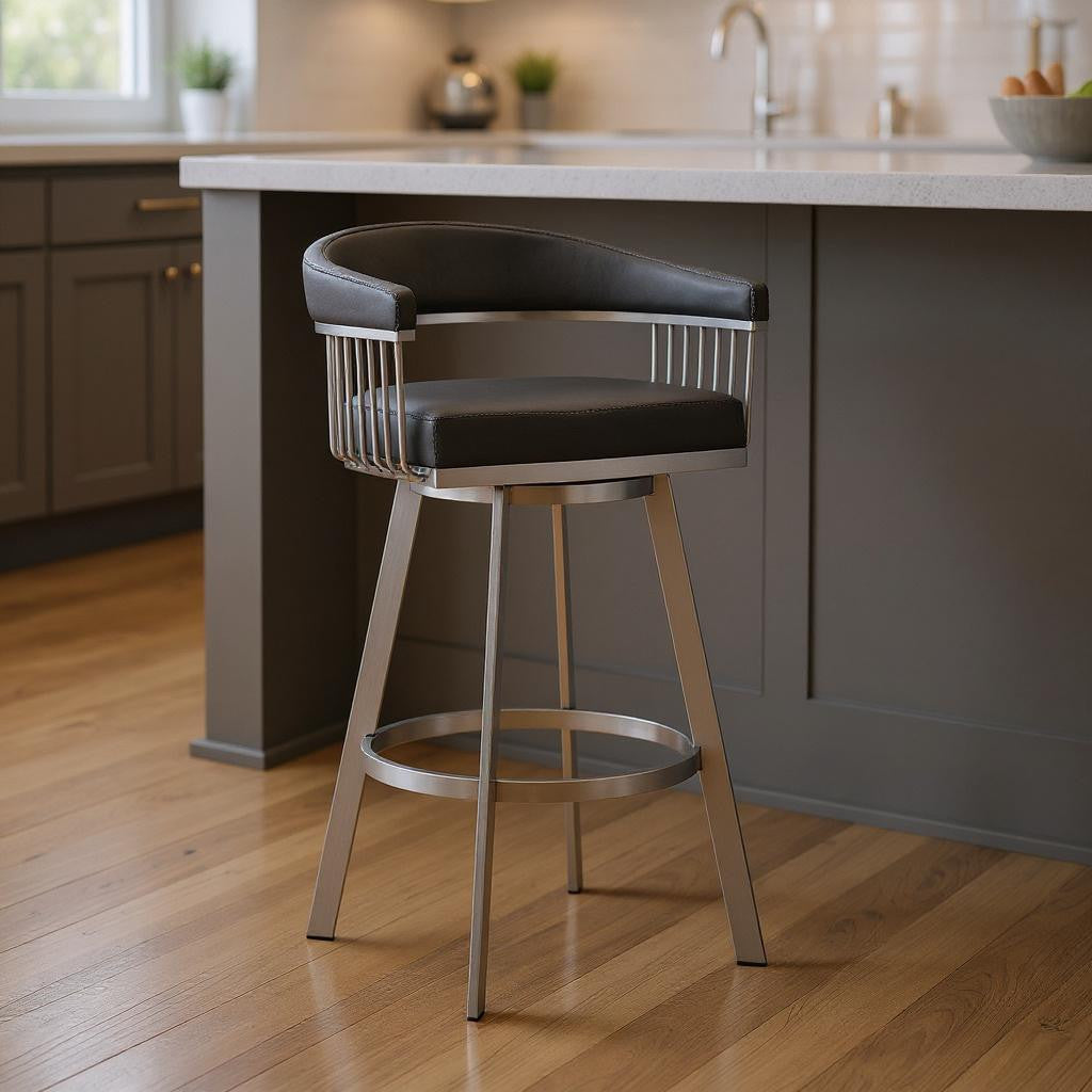 25" Gray And Silver Fabric And Iron Backless Counter Height Swivel Bar Chair
