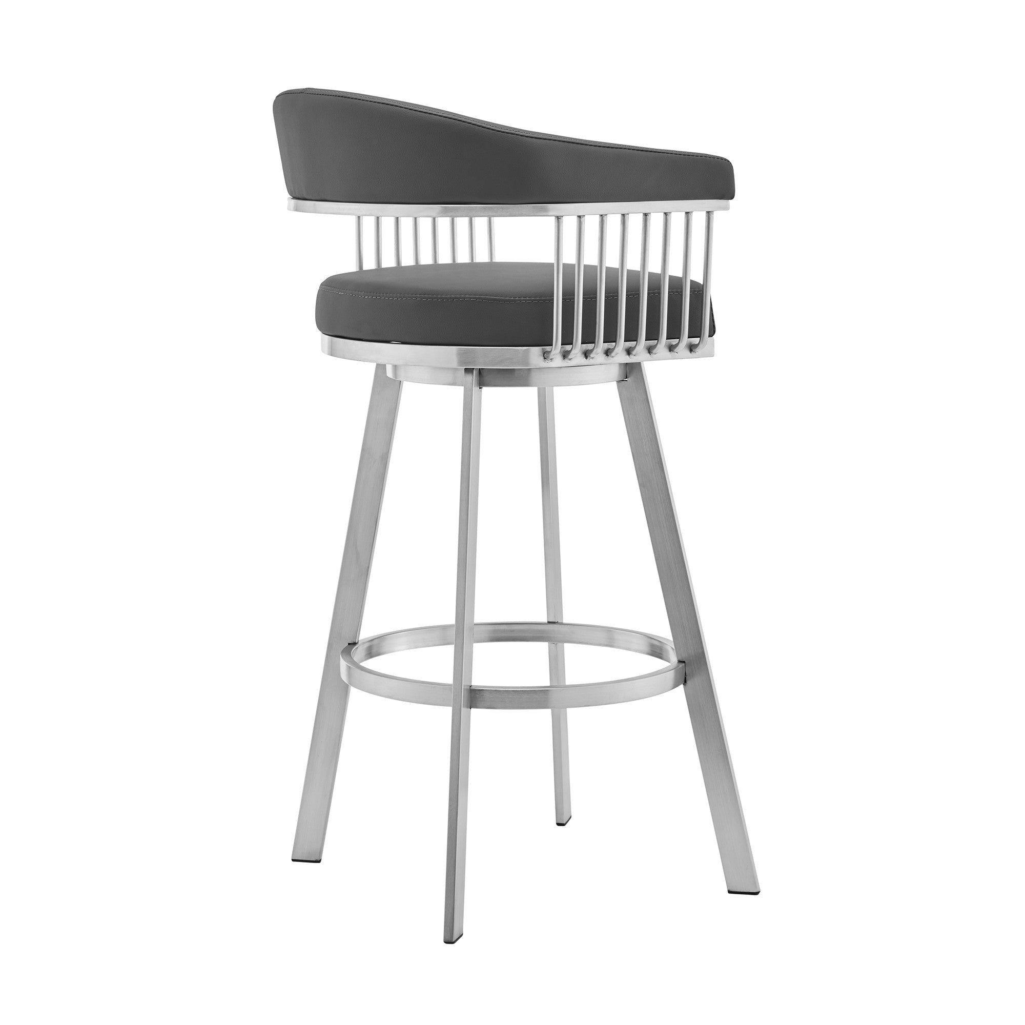 29" Gray And Silver Fabric And Iron Backless Bar Height Swivel Bar Chair